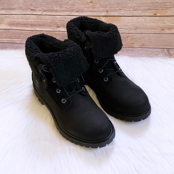 Timberland Women’s Authentics Teddy Fleece Waterproof Fold Down Black Boots - Picture 4 of 9